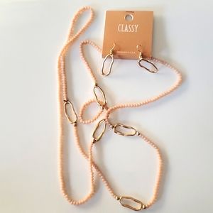 Classy Peach and Gold Tone Long Beaded Necklace and Matching Earrings